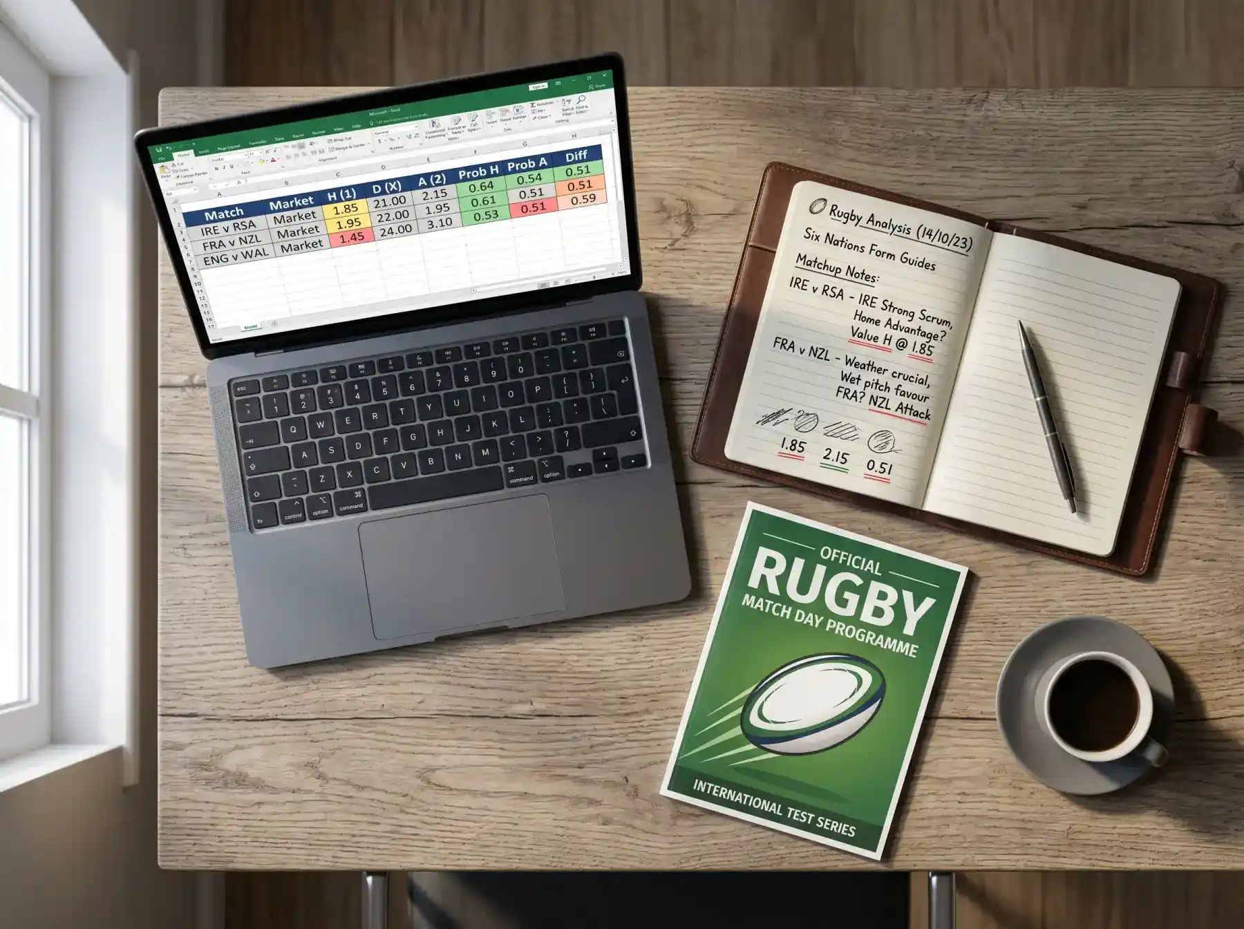 Pantalla con líneas de cuotas de un partido de rugby y un cuaderno de análisis