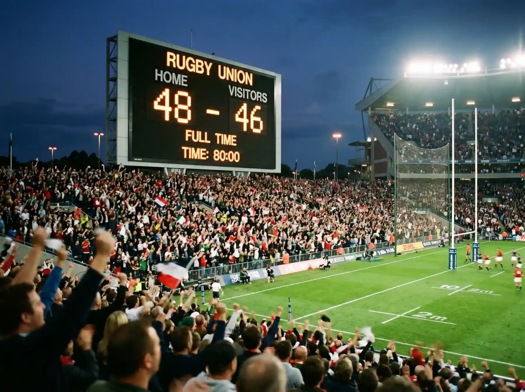 Marcador de un estadio de rugby mostrando una puntuación alta durante un partido del Six Nations